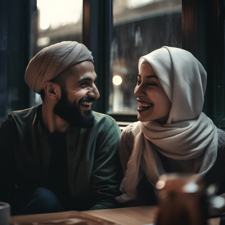 Portrait of happy arabic couple sitting in cafe and laughingの素材