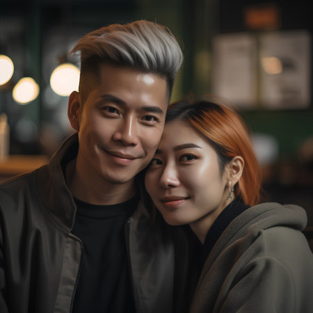 Portrait of asian couple in a coffee shop. Asian peopleの素材