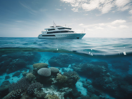 Luxury yacht in the sea with coral reef and blue skyの素材