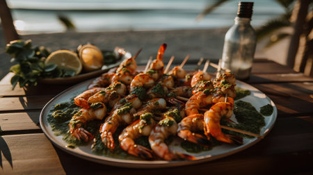 Grilled shrimps on skewers on a plate on the beach.の素材