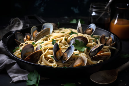 Pasta with clams and parsley in a cast-iron panの素材