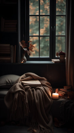 Cozy home interior with book, candles and plaid on windowsillの素材
