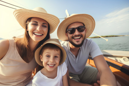 Happy family of three in hats and sunglasses is sitting on a boat.の素材