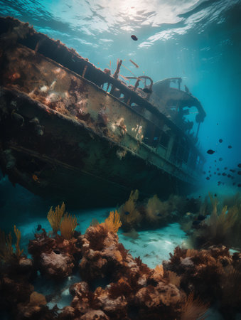 Wreck of an old ship in the blue sea, underwater photographyの素材