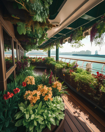 Flowers on the terrace of a restaurant on the river bankの素材