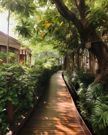 Wooden walkway in the garden with tropical plants and trees.の素材