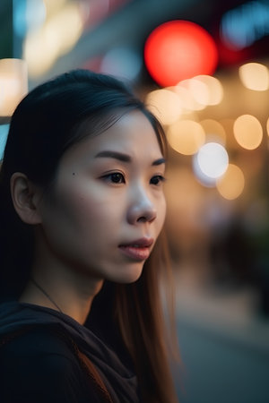 Portrait of a beautiful asian woman in the city at nightの素材