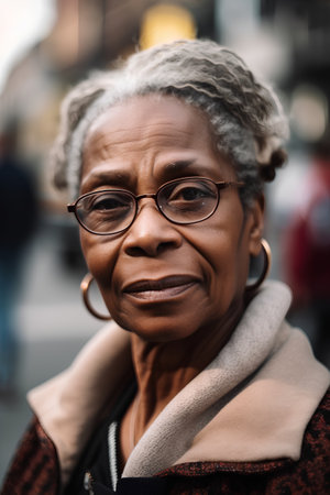 Portrait of an elderly African woman in a street, wearing glassesの素材