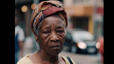 Portrait of an old african woman in a hat standing in the streetの素材