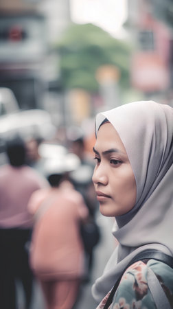 Muslim woman with hijab walking in the city. Selective focus.の素材