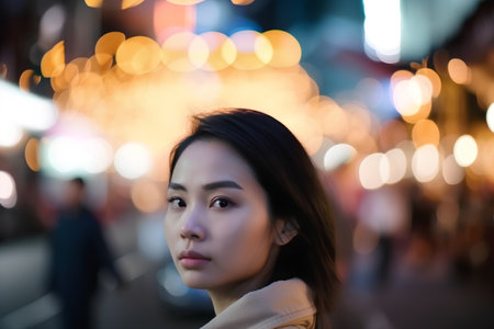 Beautiful asian woman in the city at night with bokeh lightsの素材
