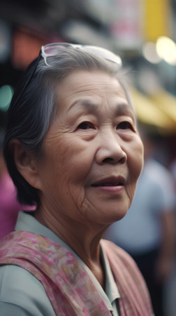 Asian old woman in traditional clothes in the street of Bangkok, Thailandの素材
