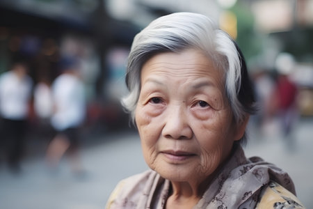 Portrait of an old asian woman in the street, Thailand.の素材