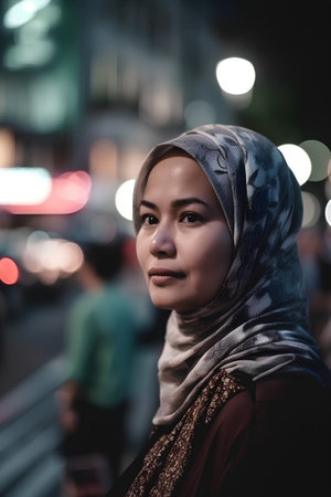 Portrait of a beautiful muslim woman in the city at nightの素材
