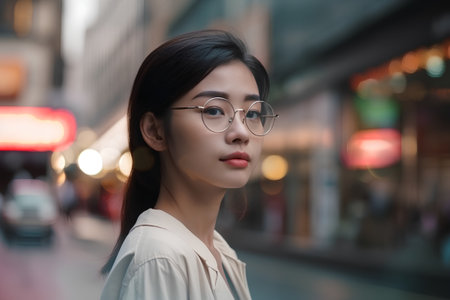 Beautiful asian woman with eyeglasses in the city.の素材
