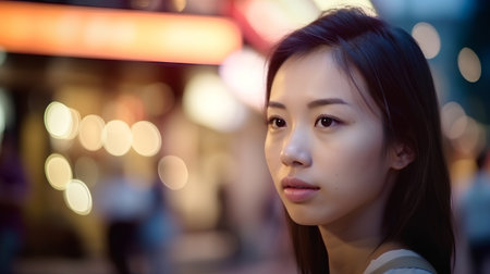 Beautiful young asian woman in city at night, shallow DOFの素材