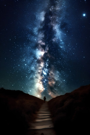 Silhouette of a man standing on a path leading to the milky wayの素材