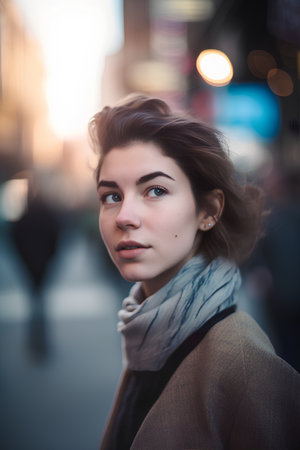 Portrait of a beautiful young woman in the city at sunset.の素材