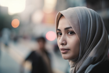Portrait of a beautiful muslim woman wearing hijab in the cityの素材