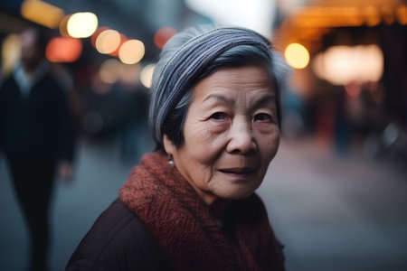 Portrait of an old asian woman on the street at nightの素材