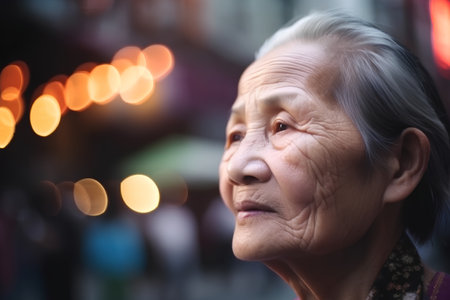 Portrait of an old asian woman with bokeh backgroundの素材