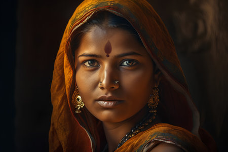 Portrait of a beautiful young Indian woman in traditional sari.の素材