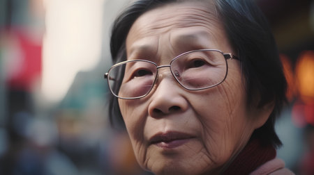 Asian old woman with eyeglasses in the middle of the streetの素材