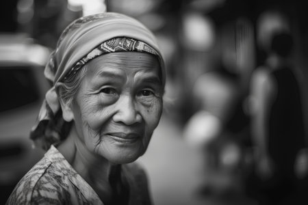 Portrait of an old woman in the street. Black and white.の素材