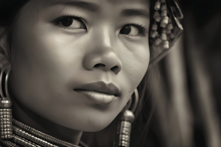 Portrait of a beautiful asian girl in traditional costume. Black and white.の素材