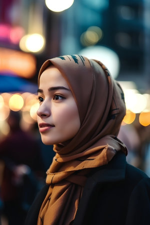 Portrait of a beautiful muslim woman in the city at nightの素材