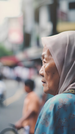 Old woman on the street of Bangkok, Thailand. Selective focus.の素材