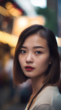 Portrait of a beautiful young asian woman in city at nightの素材