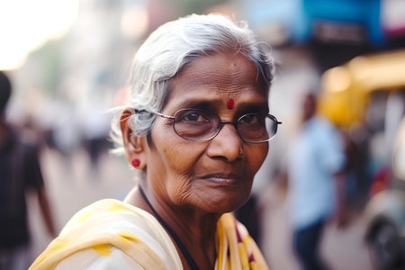 Unidentified Indian woman with glasses in Kolkata, India.の素材