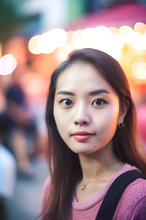 Portrait of a beautiful young asian woman in the city.の素材