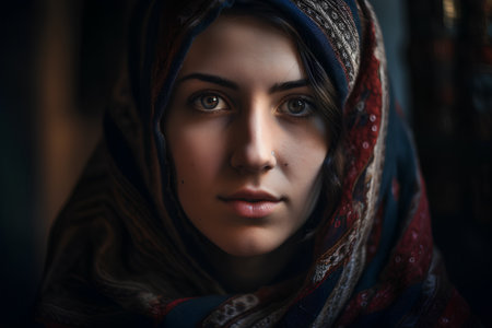 Closeup portrait of a beautiful young woman in a headscarfの素材