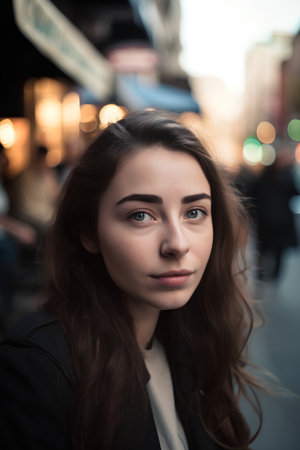 Portrait of a beautiful young brunette woman in the city.の素材