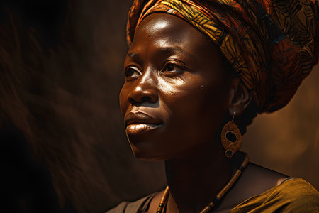 Portrait of a beautiful black African woman in traditional clothes looking away.の素材