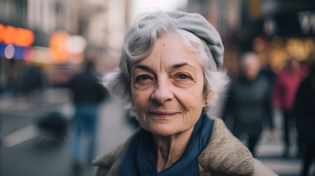 Portrait of an elderly woman on the background of the city.の素材