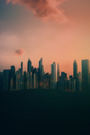 Skyscrapers in the city at sunset. 3d renderingの素材