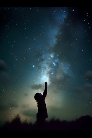 Silhouette of praying man with hands up against night sky backgroundの素材