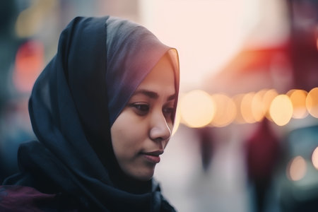 Portrait of a muslim woman wearing hijab in the city at nightの素材