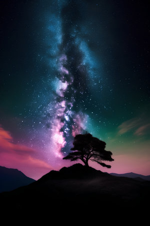 Pine tree and milky way in the night sky with starsの素材