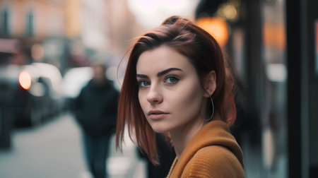 Portrait of a beautiful young woman on the street in the eveningの素材