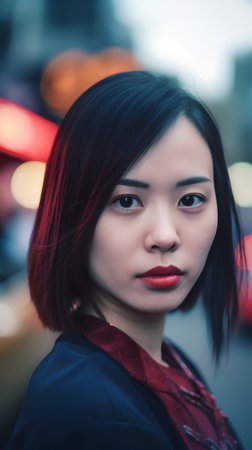 Portrait of a beautiful young asian woman with red hair in urban backgroundの素材