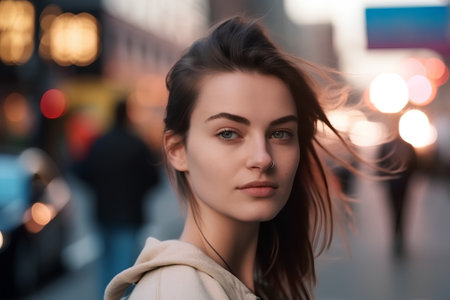 Portrait of a beautiful young brunette woman in the city.の素材