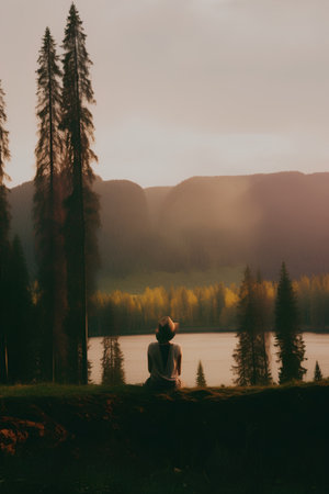 Young woman sitting on a rock by a lake in the mountains.の素材