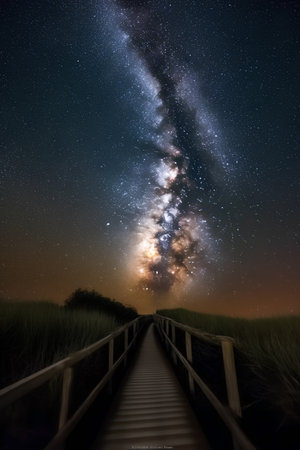 Milky Way over a wooden walkway leading to the horizon.の素材