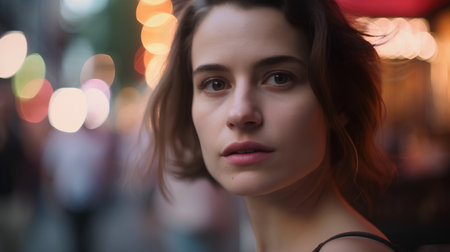 Portrait of a beautiful young woman on a city street at nightの素材