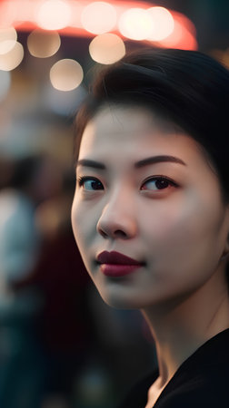 Portrait of a beautiful young asian woman in the city at nightの素材
