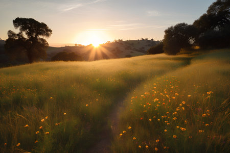 Sunset over a meadow with yellow wildflowers and treesの素材
